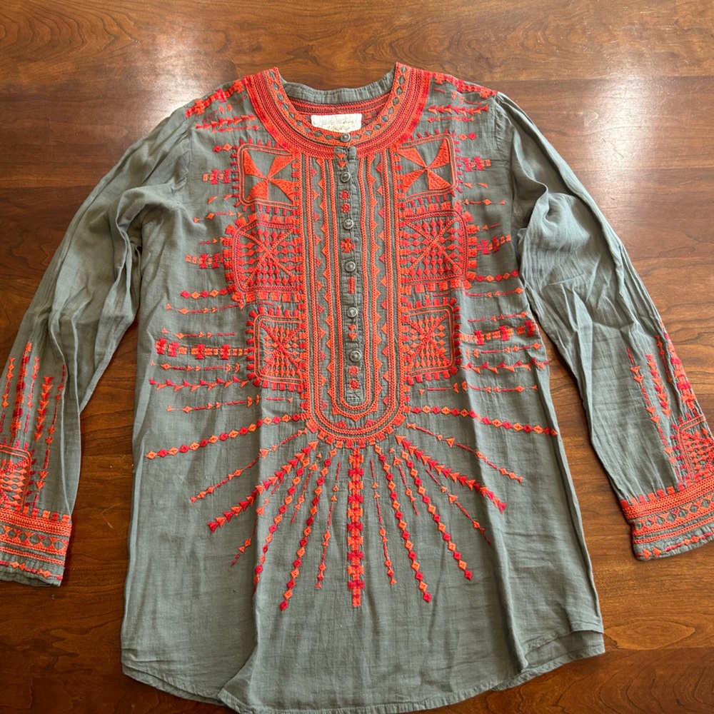 Johnny Was Charcoal Top with Orange Embroidery